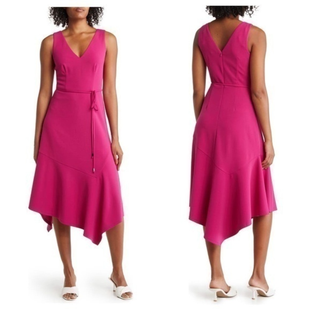 Vince Camuto Pink Asymmetric Hem Belted Sleeveless Midi Dress 8 VV4